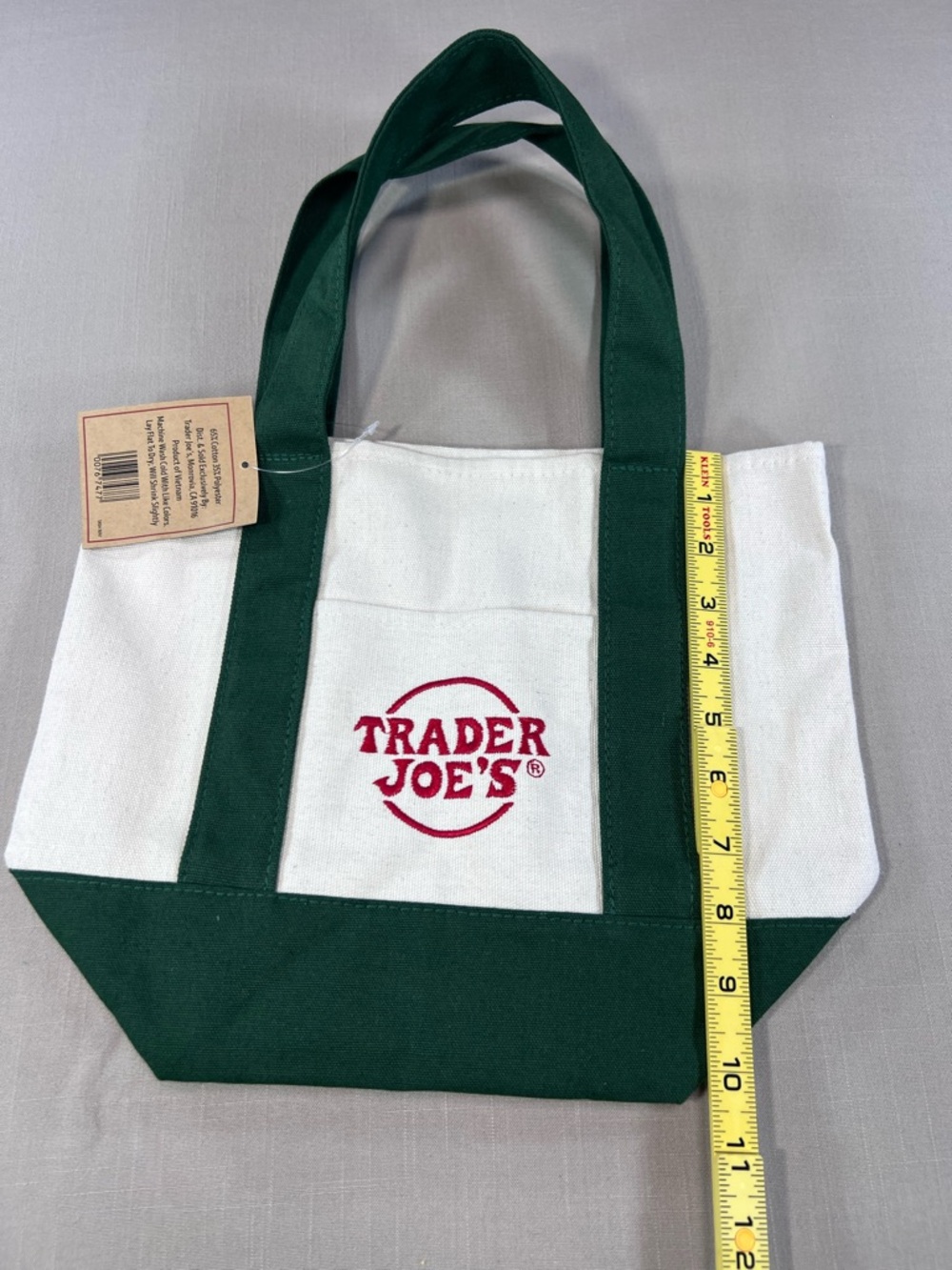 Trader Joe’s Mini Canvas Tote Bag NWT White Green Embroidered Logo Reusable - Picture 4 of 4